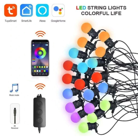 RGB гирлянд от 25бр LED PVC крушки G40 - 10m