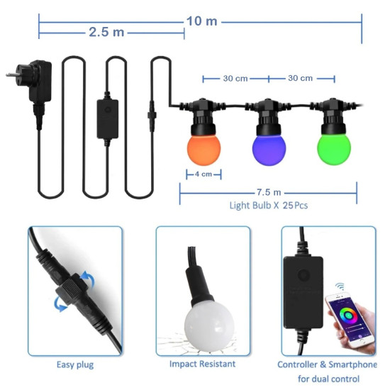 RGB гирлянд от 25бр LED PVC крушки G40 - 10m
