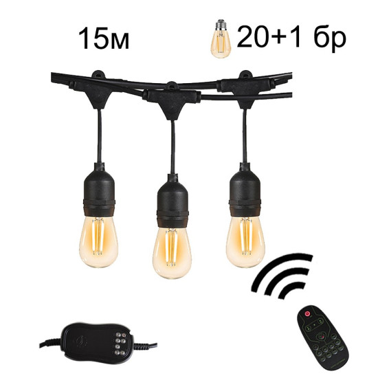 гирлянд E27 от 20бр LED крушки - S14 -15м- опция за димер